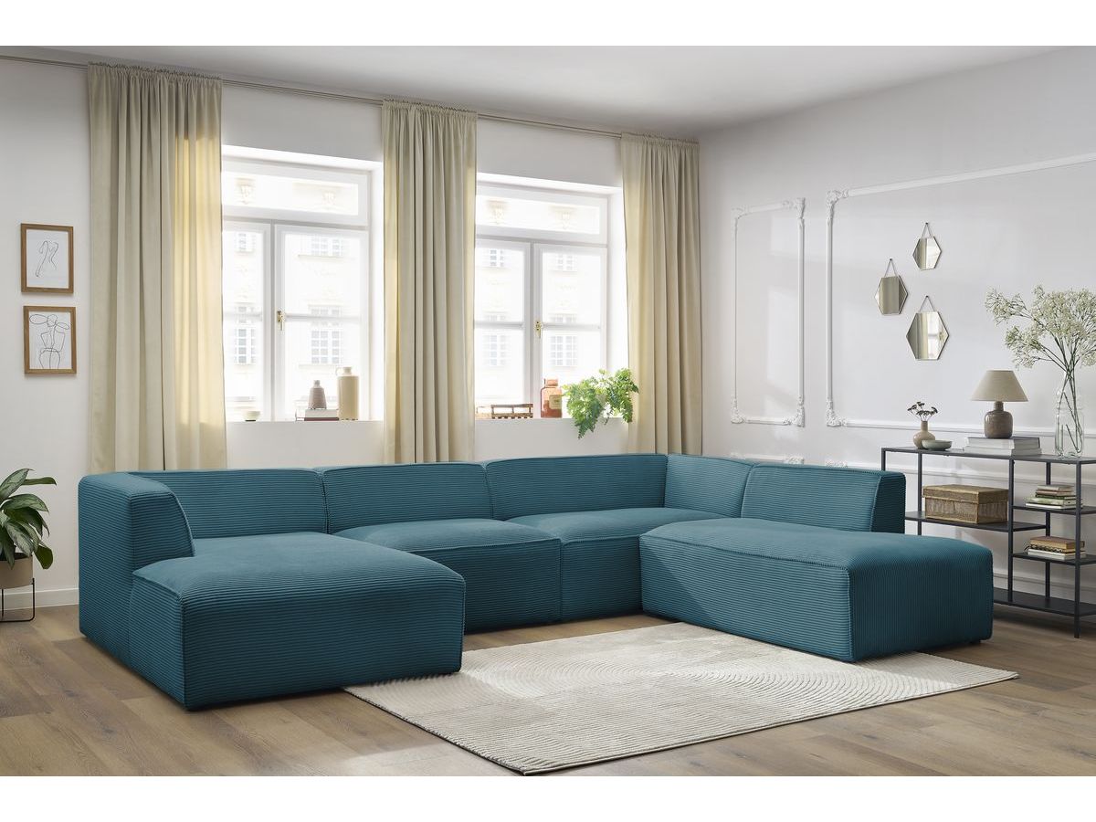 Canapé panoramique fixe MEGEVE tissu velours côtelé bleu foncé angle gauche BOBOCHIC 5 places - Vue supplémentaire 3