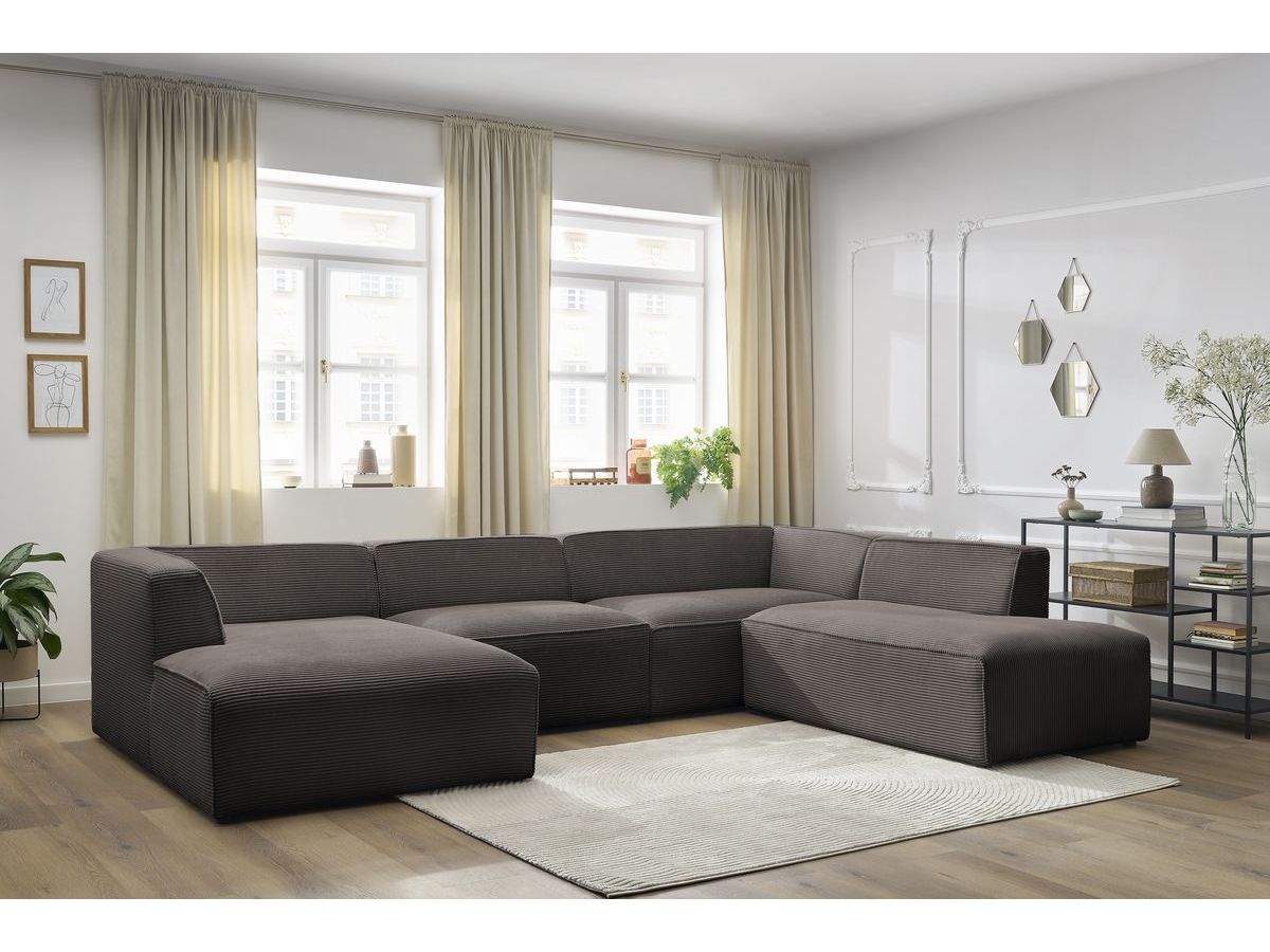 Canapé panoramique fixe MEGEVE tissu velours côtelé marron angle gauche BOBOCHIC 5 places - Vue supplémentaire 3