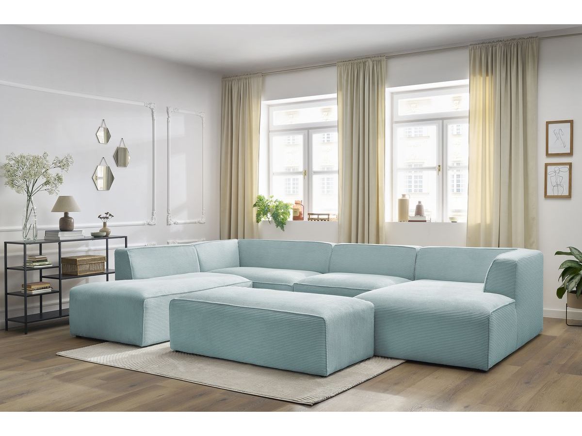 Canapé panoramique fixe MEGEVE avec pouf tissu velours côtelé