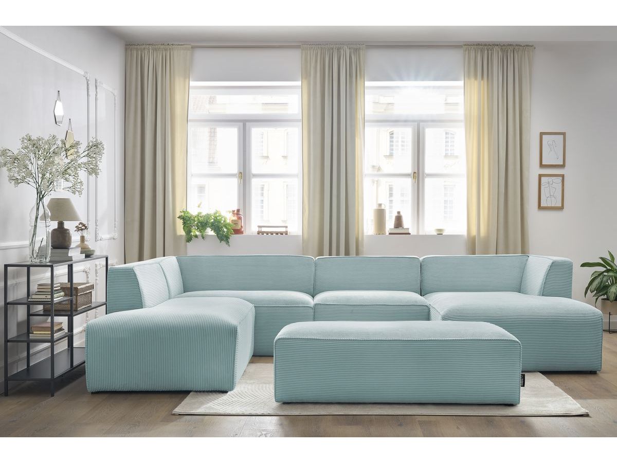 Canapé panoramique fixe MEGEVE avec pouf tissu velours côtelé bleu clair angle droit BOBOCHIC 6 places - Vue supplémentaire 3