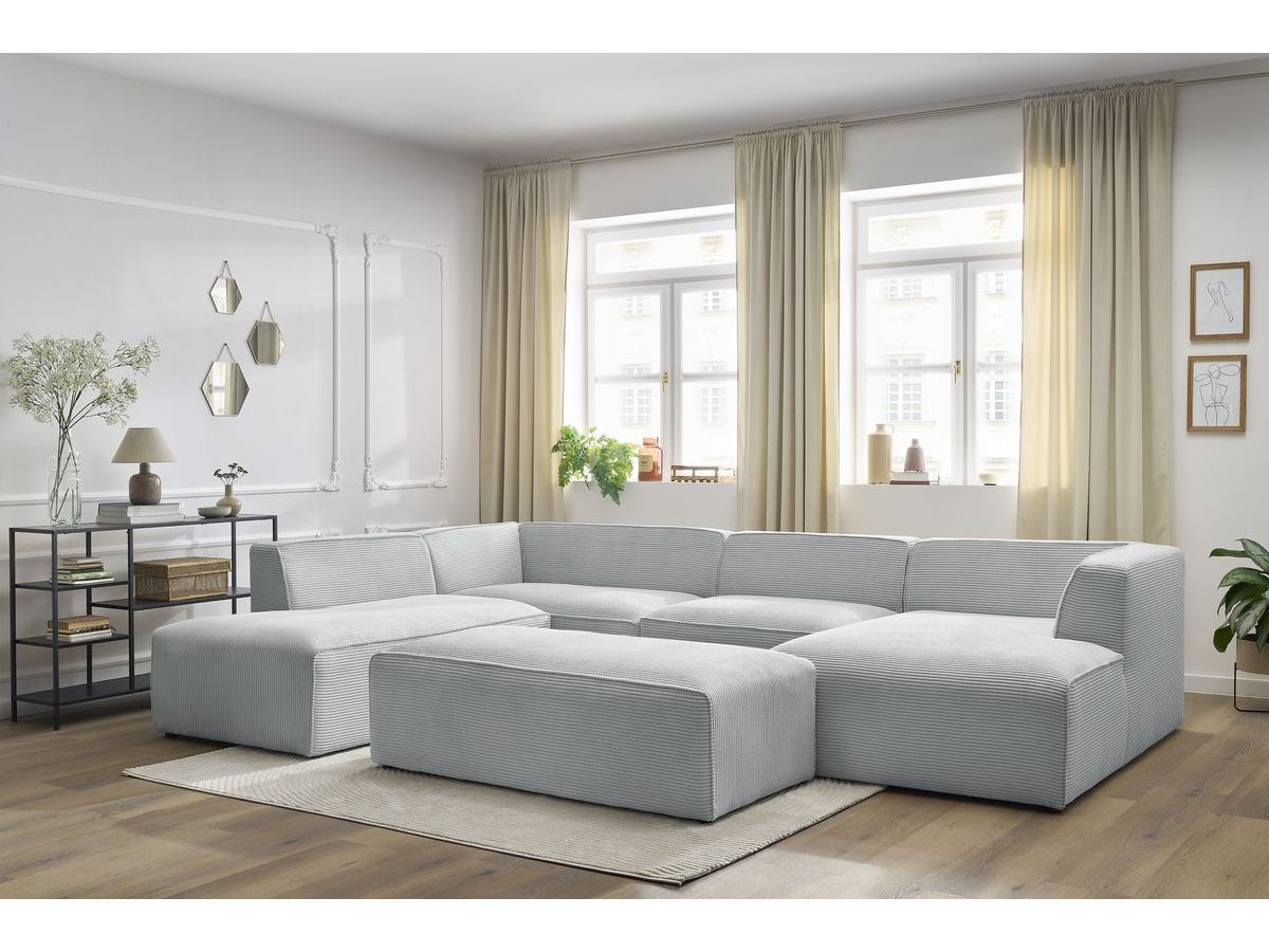 Canapé panoramique fixe MEGEVE avec pouf tissu velours côtelé gris clair angle droit BOBOCHIC 6 places - Vue supplémentaire 3