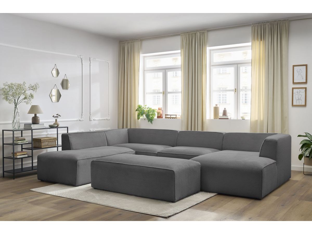 Canapé panoramique fixe MEGEVE avec pouf tissu velours côtelé gris foncé angle droit BOBOCHIC 6 places - Vue supplémentaire 3