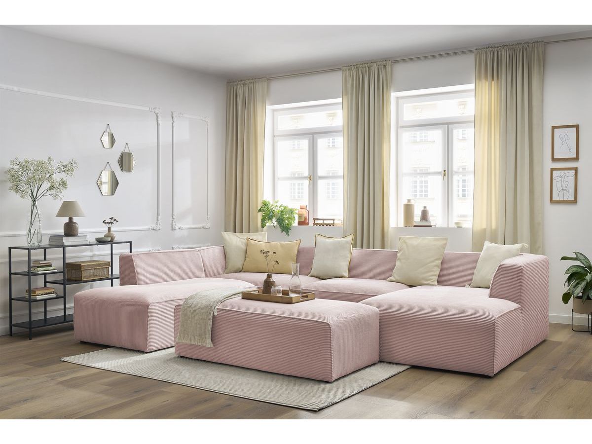 Canapé panoramique fixe MEGEVE avec pouf tissu velours côtelé