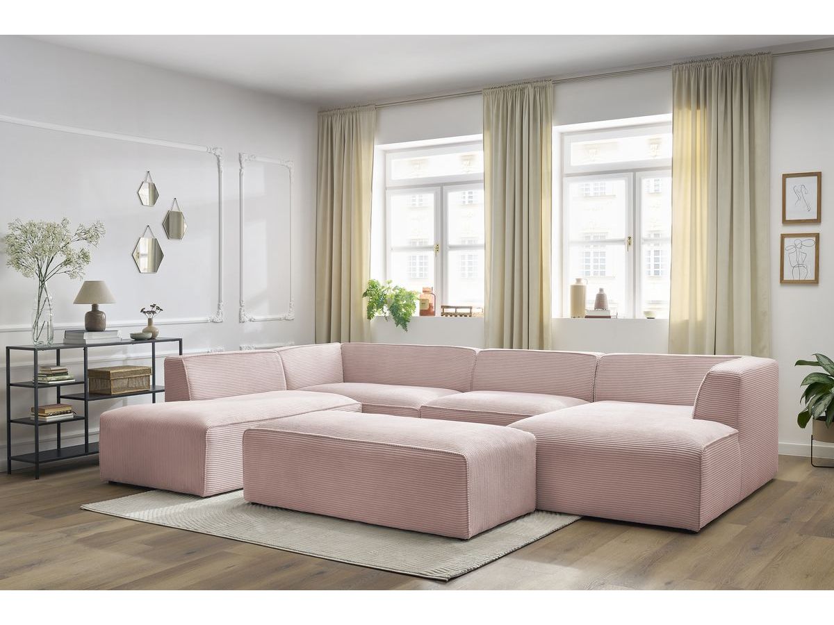 Canapé panoramique fixe MEGEVE avec pouf tissu velours côtelé rose angle droit BOBOCHIC 6 places - Vue supplémentaire 3