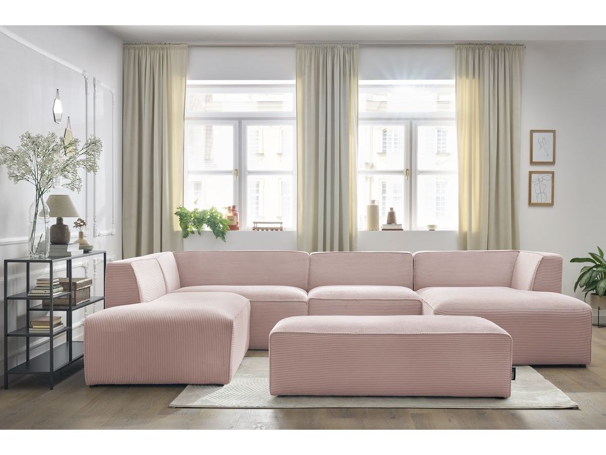 Canapé panoramique fixe MEGEVE avec pouf tissu velours côtelé