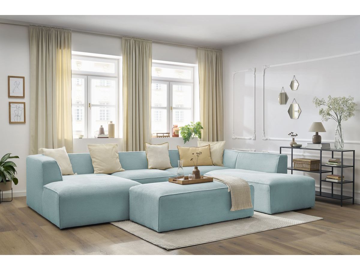 Canapé panoramique fixe MEGEVE avec pouf tissu velours côtelé