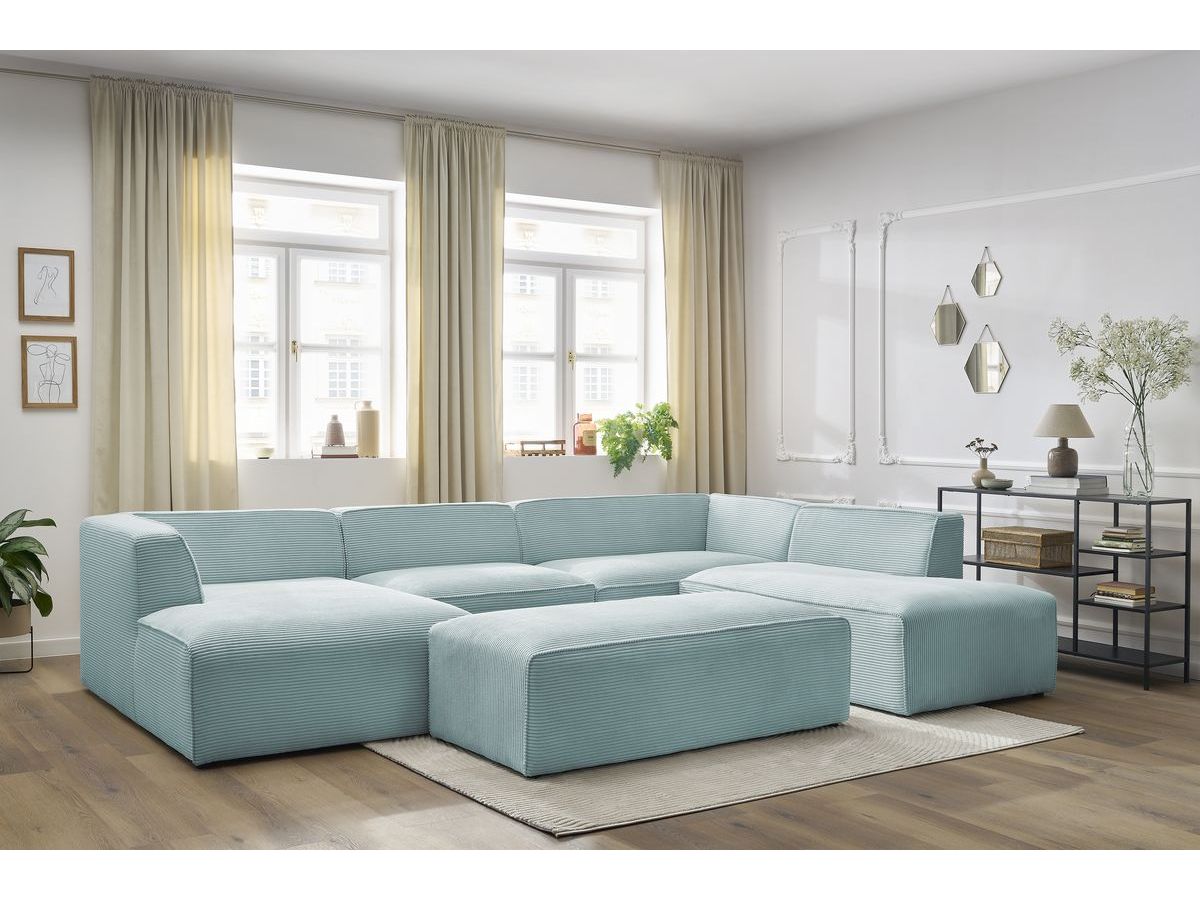 Canapé panoramique fixe MEGEVE avec pouf tissu velours côtelé bleu clair angle gauche BOBOCHIC 6 places - Vue supplémentaire 3