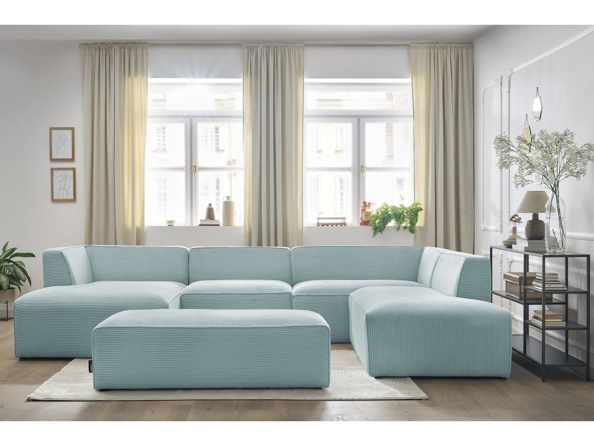 Canapé panoramique fixe MEGEVE avec pouf tissu velours côtelé