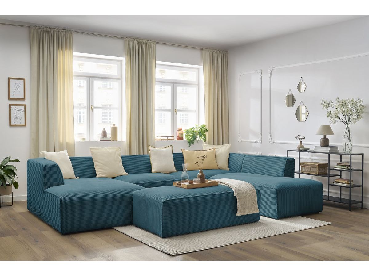 Canapé panoramique fixe MEGEVE avec pouf tissu velours côtelé