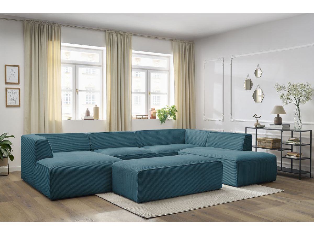 Canapé panoramique fixe MEGEVE avec pouf tissu velours côtelé bleu foncé angle gauche BOBOCHIC 6 places - Vue supplémentaire 3