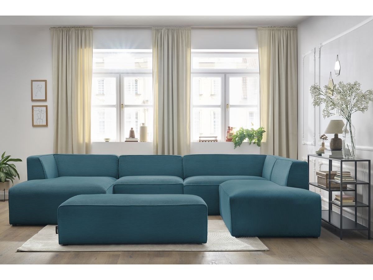 Canapé panoramique fixe MEGEVE avec pouf tissu velours côtelé
