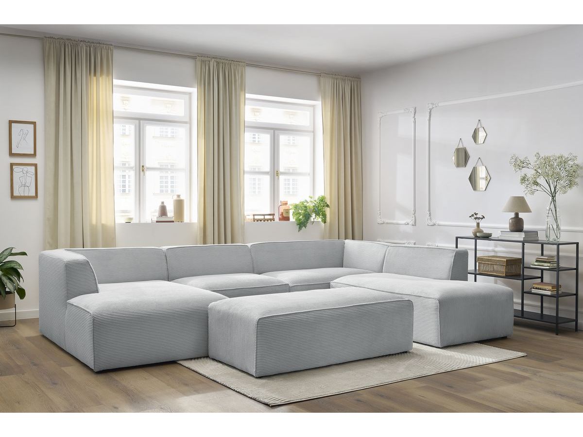 Canapé panoramique fixe MEGEVE avec pouf tissu velours côtelé gris clair angle gauche BOBOCHIC 6 places - Vue supplémentaire 3