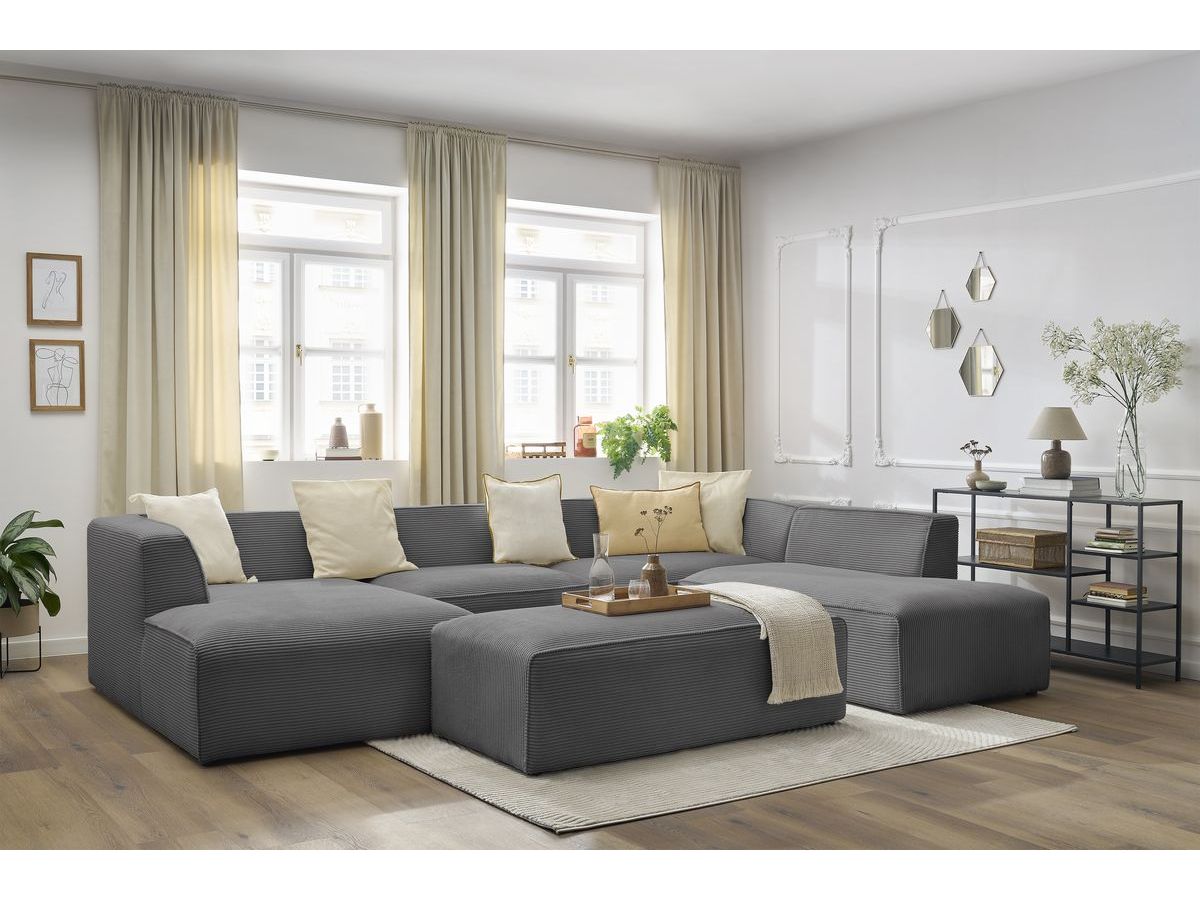 Canapé panoramique fixe MEGEVE avec pouf tissu velours côtelé