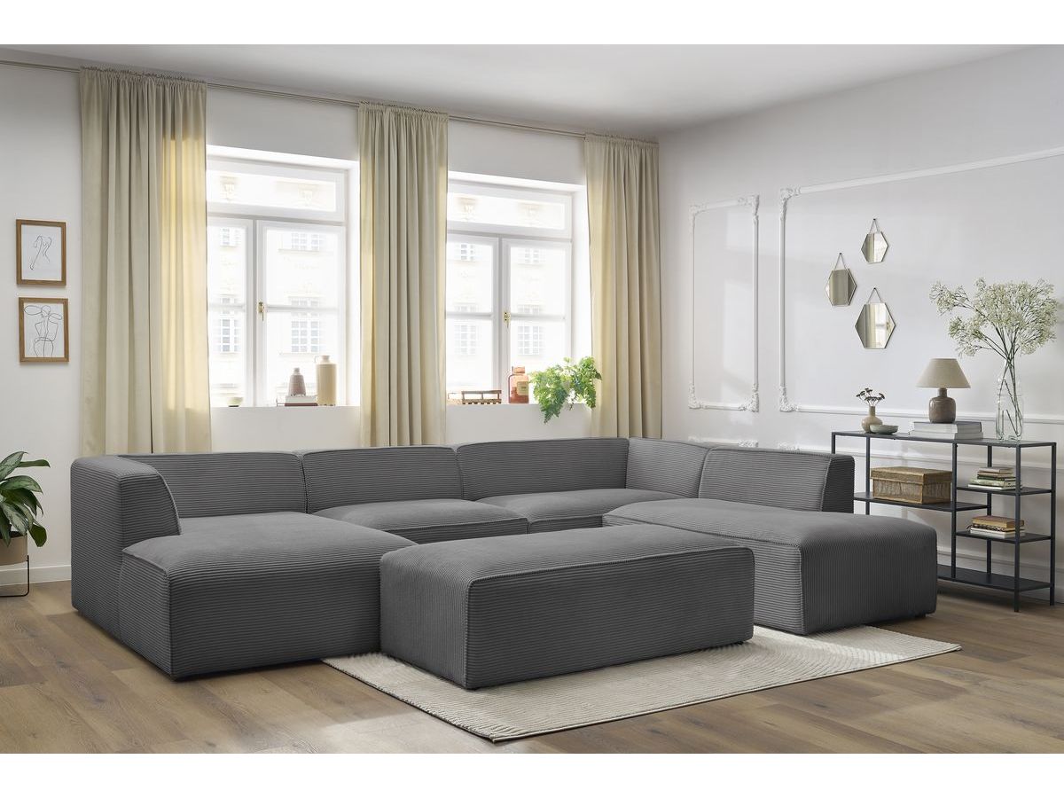 Canapé panoramique fixe MEGEVE avec pouf tissu velours côtelé gris foncé angle gauche BOBOCHIC 6 places - Vue supplémentaire 3