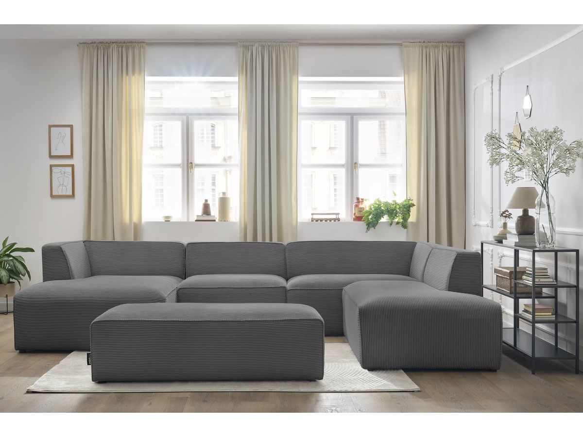 Canapé panoramique fixe MEGEVE avec pouf tissu velours côtelé