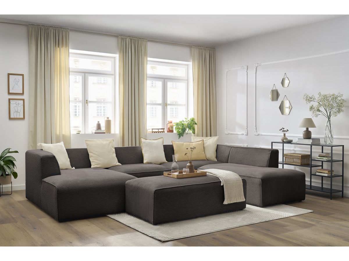 Canapé panoramique fixe MEGEVE avec pouf tissu velours côtelé