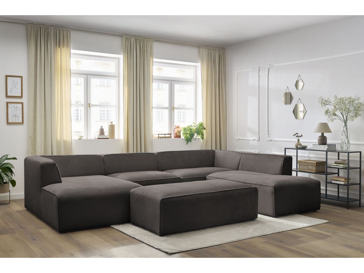 Canapé panoramique fixe MEGEVE avec pouf tissu velours côtelé marron  angle gauche BOBOCHIC 6 places - Vue supplémentaire 2