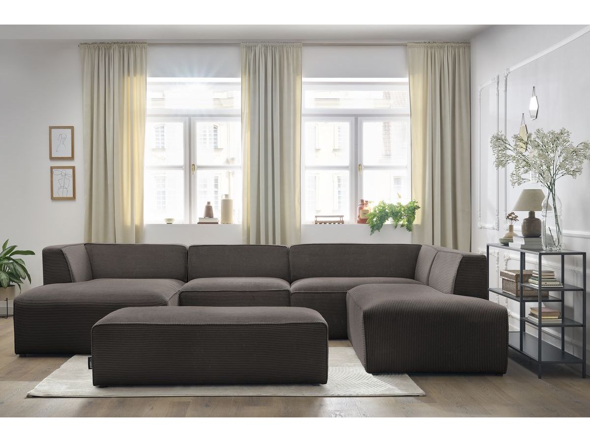 Canapé panoramique fixe MEGEVE avec pouf tissu velours côtelé marron  angle gauche BOBOCHIC 6 places - Vue supplémentaire 3