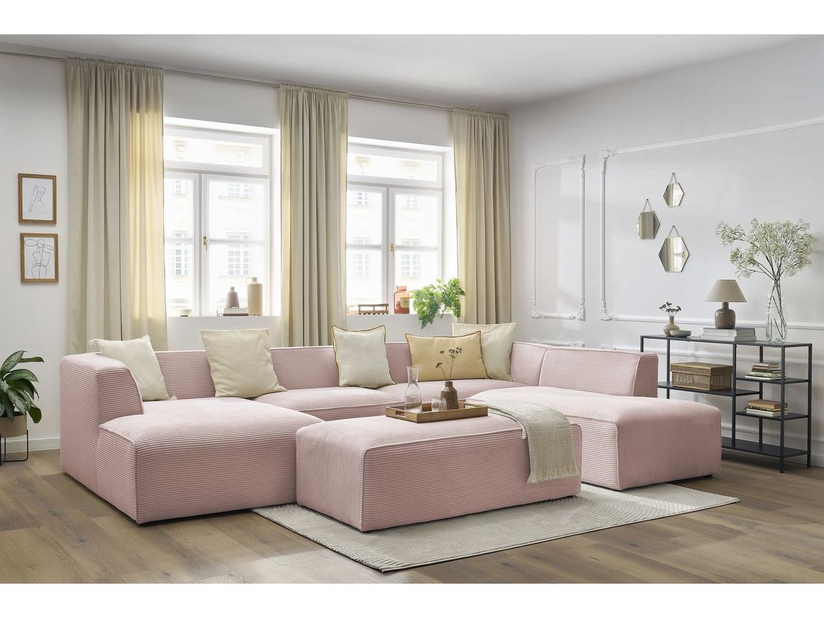Canapé panoramique fixe MEGEVE avec pouf tissu velours côtelé