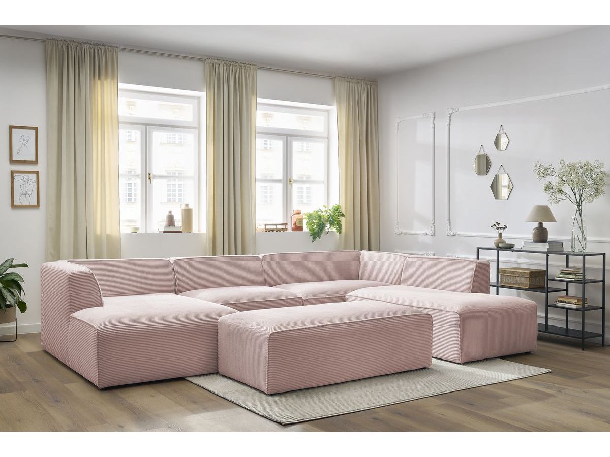 Canapé panoramique fixe MEGEVE avec pouf tissu velours côtelé rose angle gauche BOBOCHIC 6 places - Vue supplémentaire 3