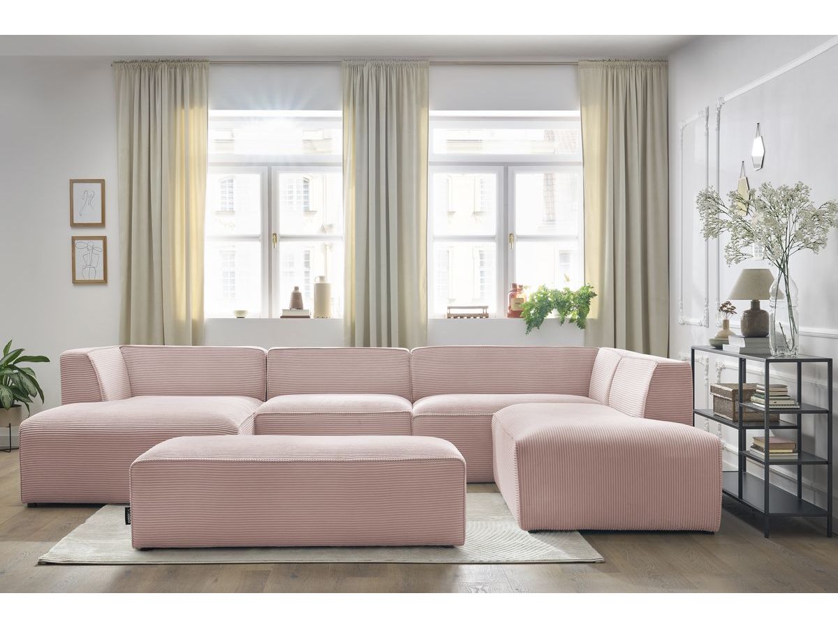 Canapé panoramique fixe MEGEVE avec pouf tissu velours côtelé