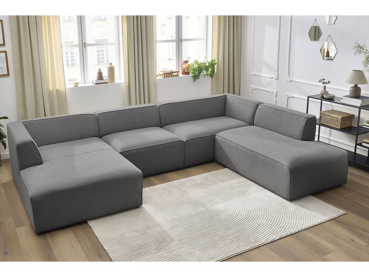 Canapé d'angle fixe EVEREST tissu chiné - Orange - Angle droit - 10 coussins