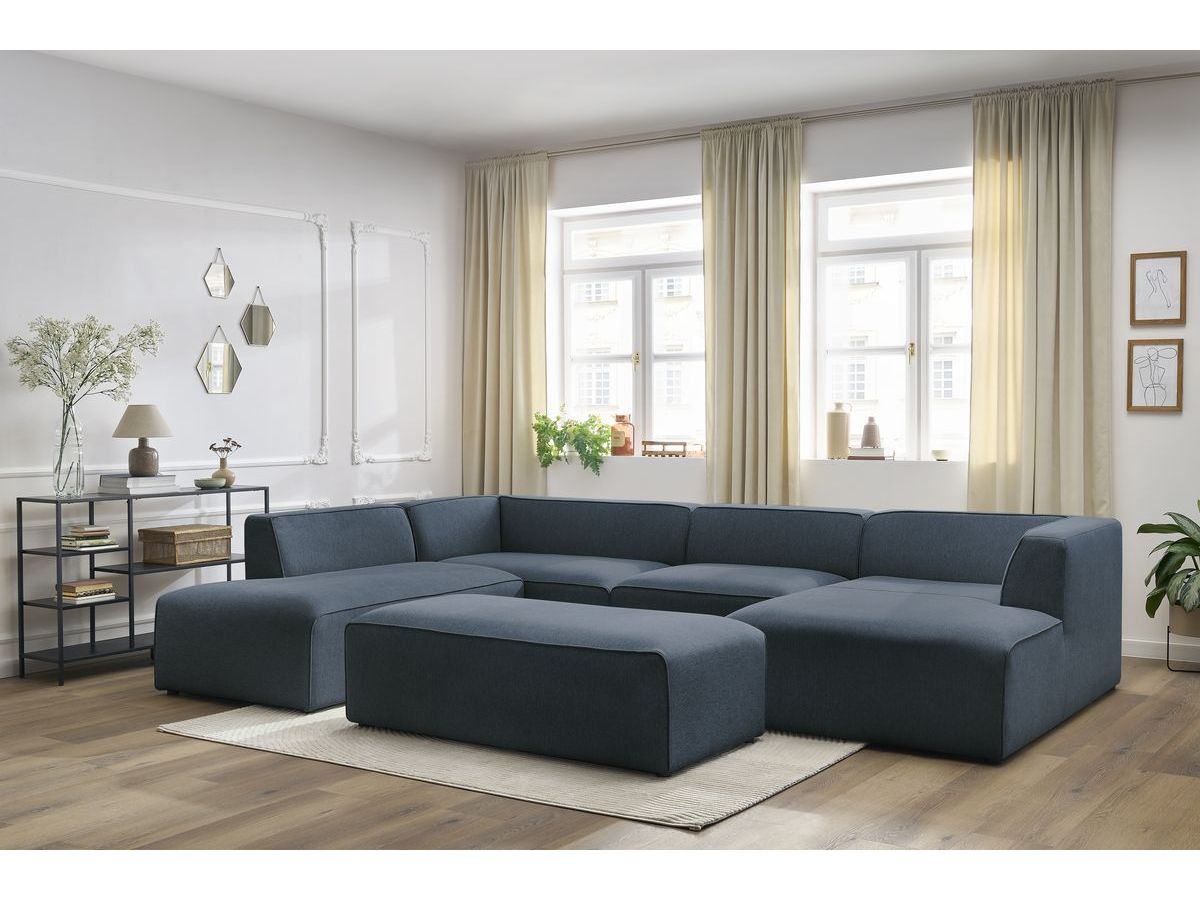 Canapé panoramique fixe MEGEVE avec pouf tissu chiné bleu foncé angle droit BOBOCHIC 6 places - Vue supplémentaire 3
