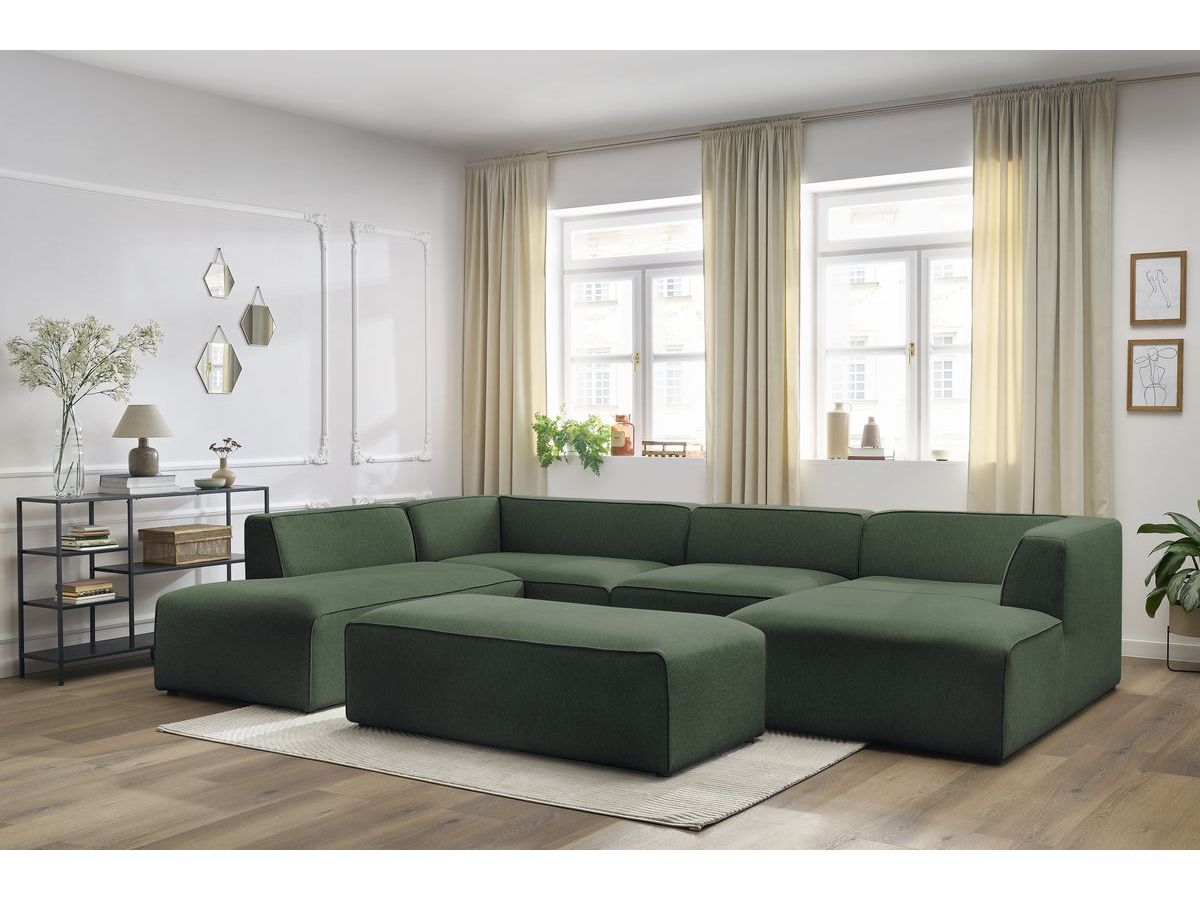 Canapé panoramique fixe MEGEVE avec pouf tissu chiné vert angle droit BOBOCHIC 6 places - Vue supplémentaire 3