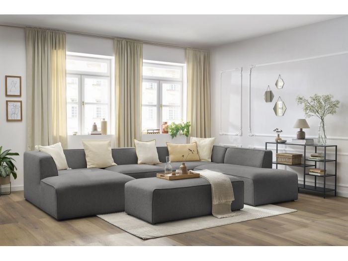 Canapé panoramique fixe MEGEVE avec pouf tissu chiné