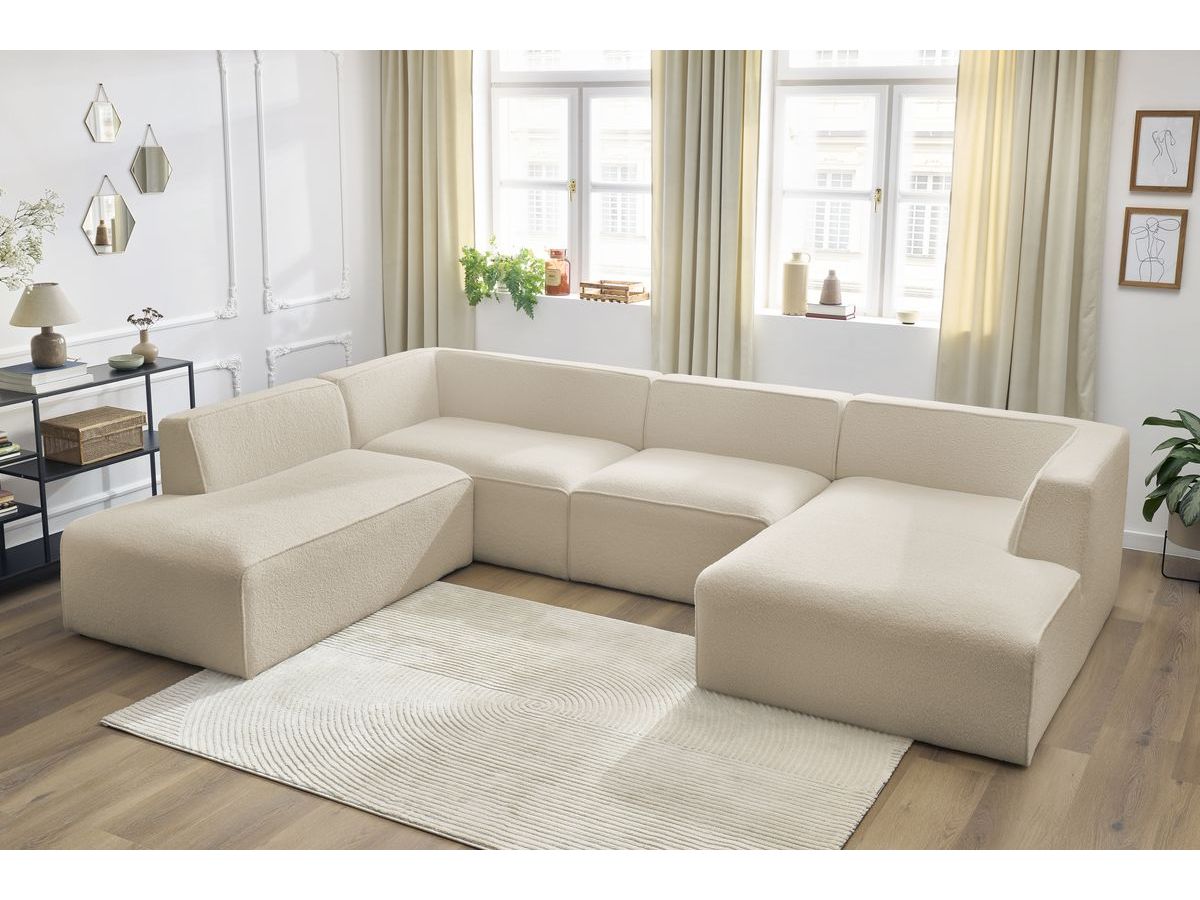 Canapé panoramique fixe MEGEVE tissu bouclette beige angle droit BOBOCHIC 5 places - Vue supplémentaire 3