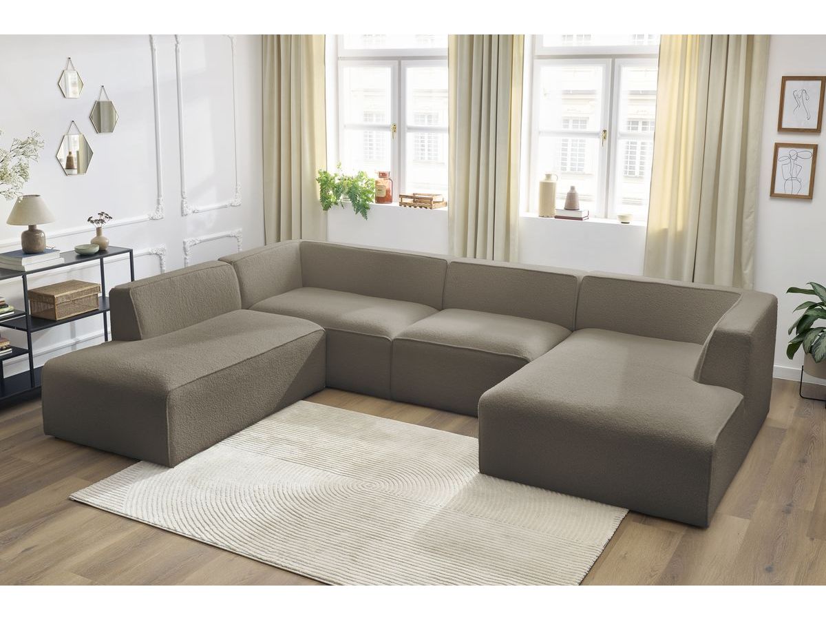 Canapé panoramique fixe MEGEVE tissu bouclette marron angle droit BOBOCHIC 5 places - Vue supplémentaire 3