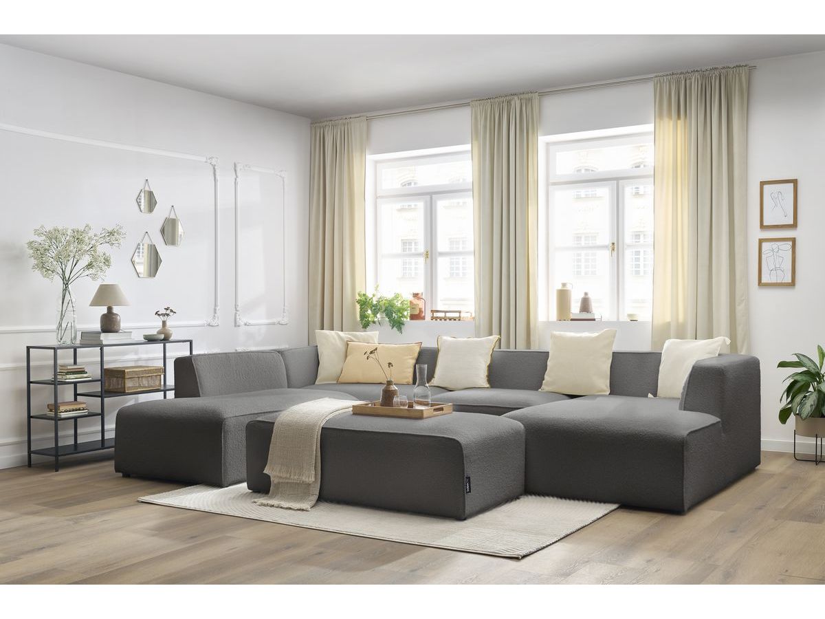 Canapé panoramique fixe MEGEVE avec pouf tissu bouclette
