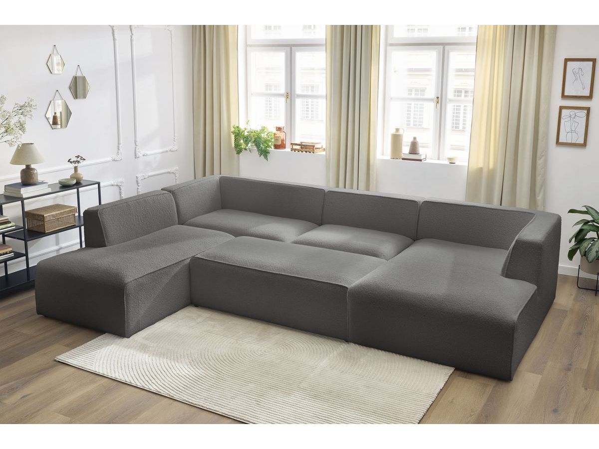 Canapé panoramique fixe MEGEVE avec pouf tissu bouclette gris foncé angle droit BOBOCHIC 6 places - Vue supplémentaire 3