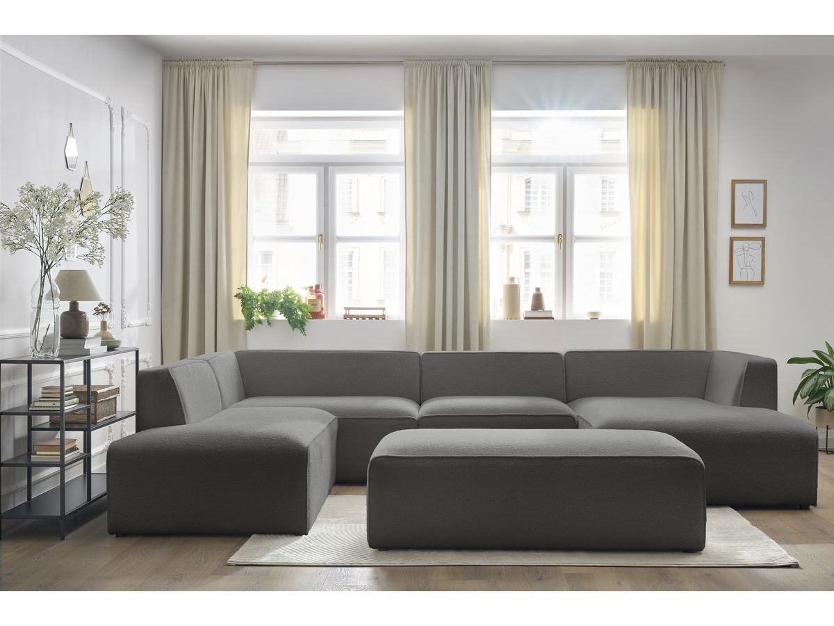 Canapé panoramique fixe MEGEVE avec pouf tissu bouclette