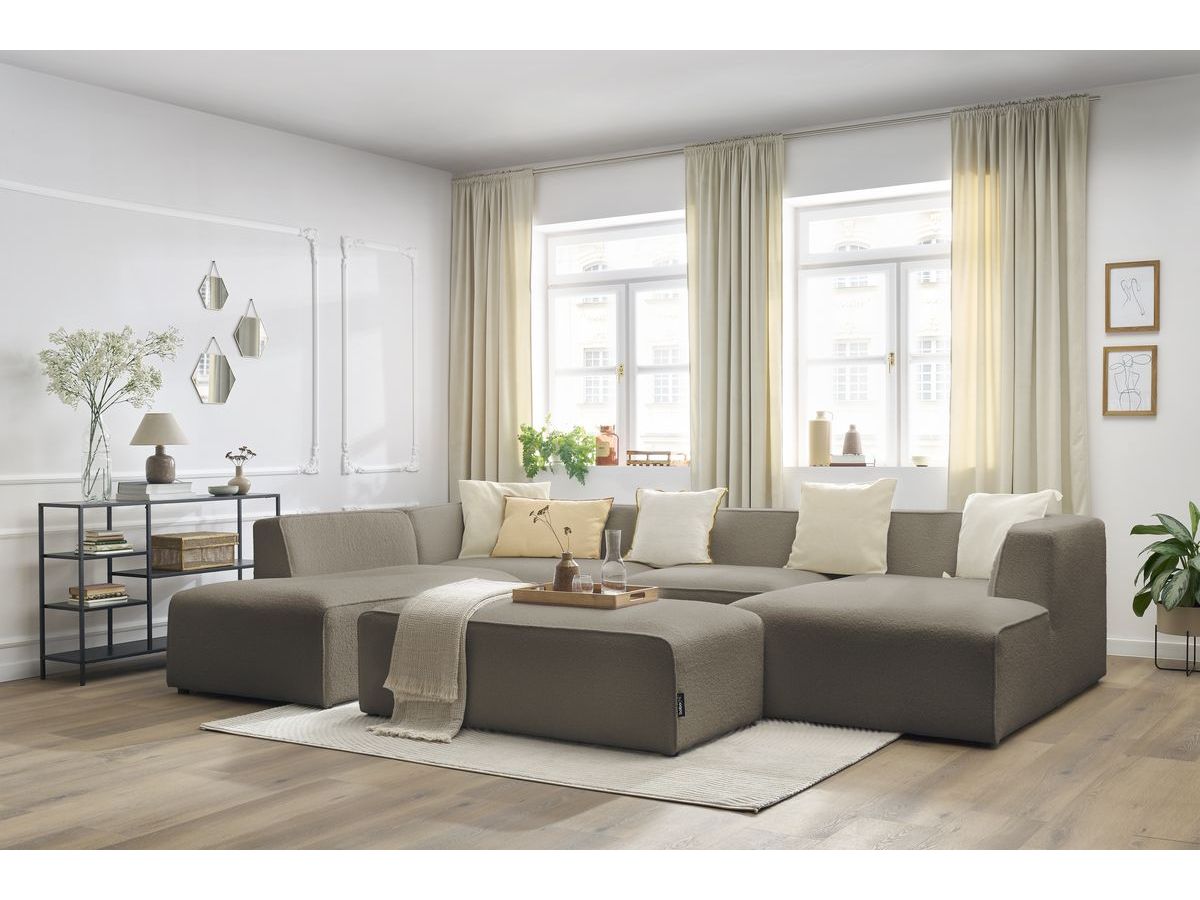 Canapé panoramique fixe MEGEVE avec pouf tissu bouclette
