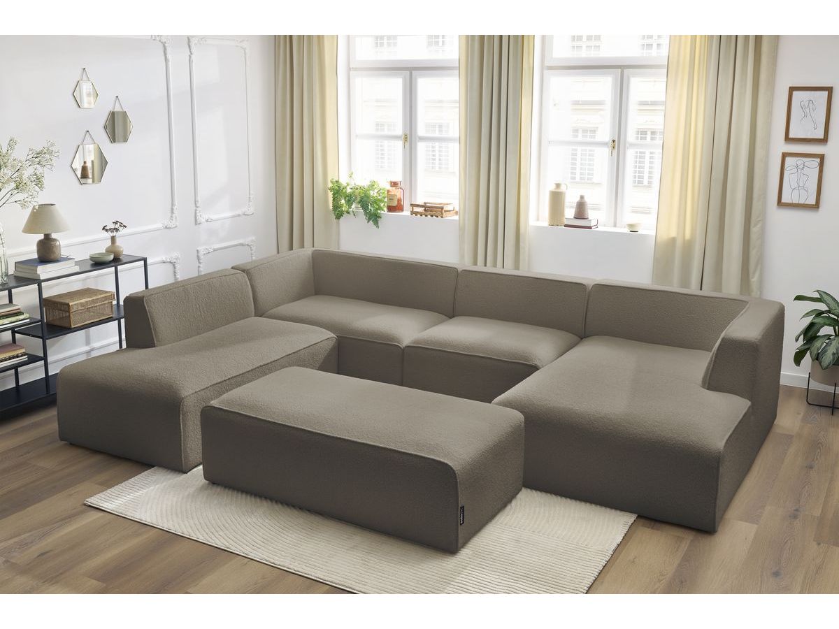 Canapé panoramique fixe MEGEVE avec pouf tissu bouclette marron angle droit BOBOCHIC 6 places - Vue supplémentaire 3