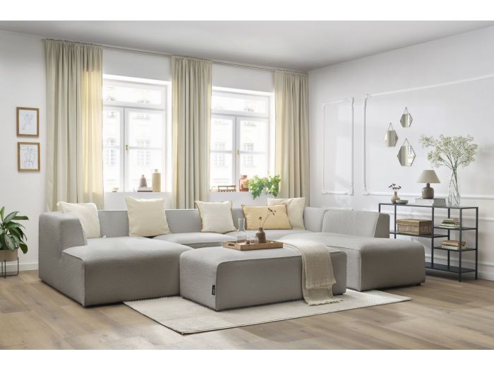 Canapé panoramique fixe modulable MEGEVE avec pouf tissu bouclette