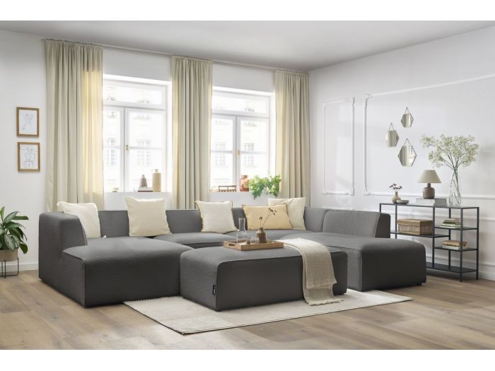 Canapé panoramique fixe modulable MEGEVE avec pouf tissu bouclette