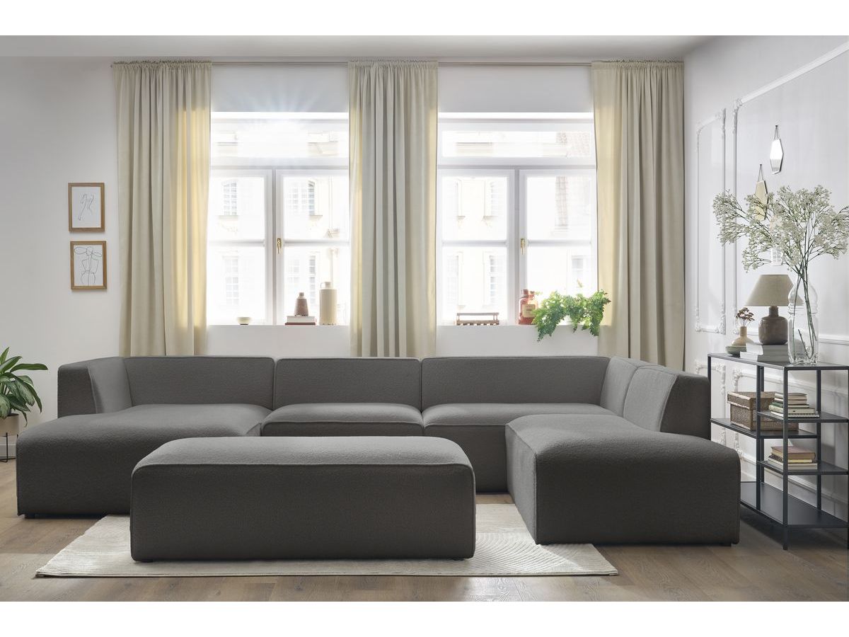 Canapé panoramique fixe MEGEVE avec pouf tissu bouclette