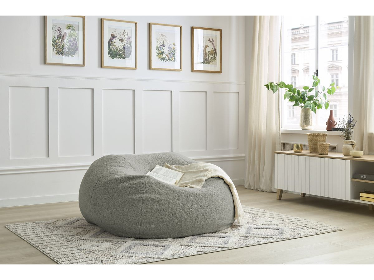 Pouf ultra moelleux MERIBEL bouclette gris clair