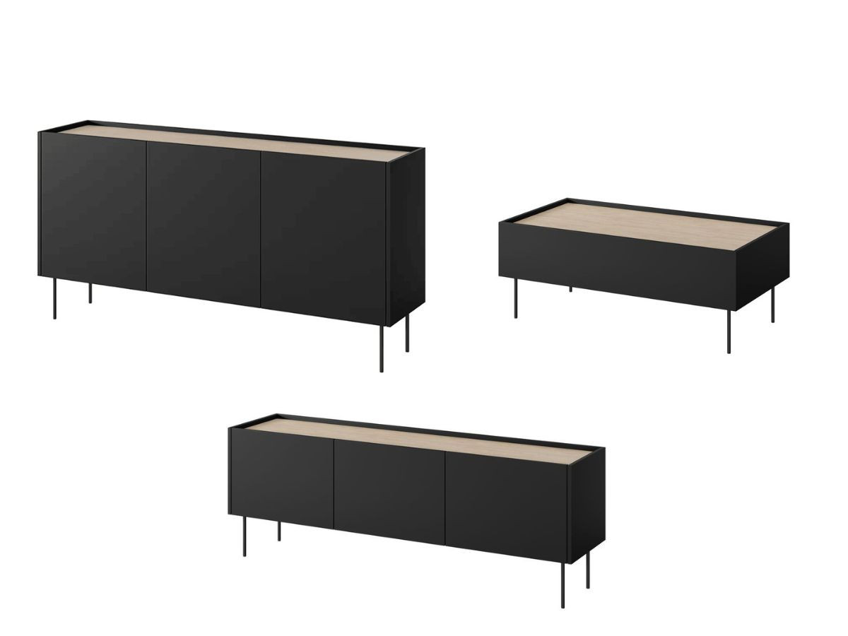 atlas set met 170 cm dressoir + 170 cm tv-meubel + 120 cm salontafel gekleurd zwart
