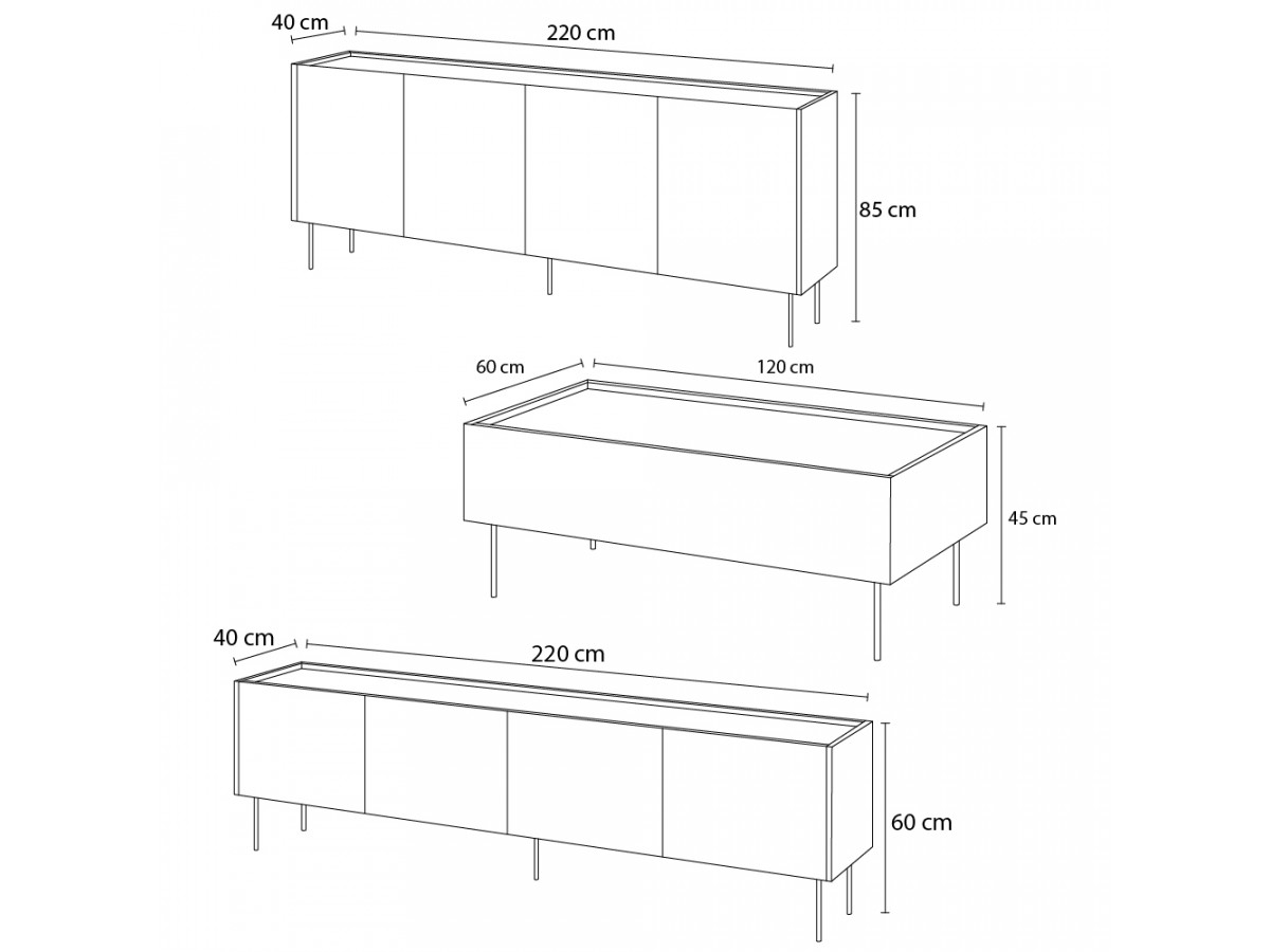 ATLAS set met 220 cm dressoir + 220 cm tv-meubel + 120 cm salontafel