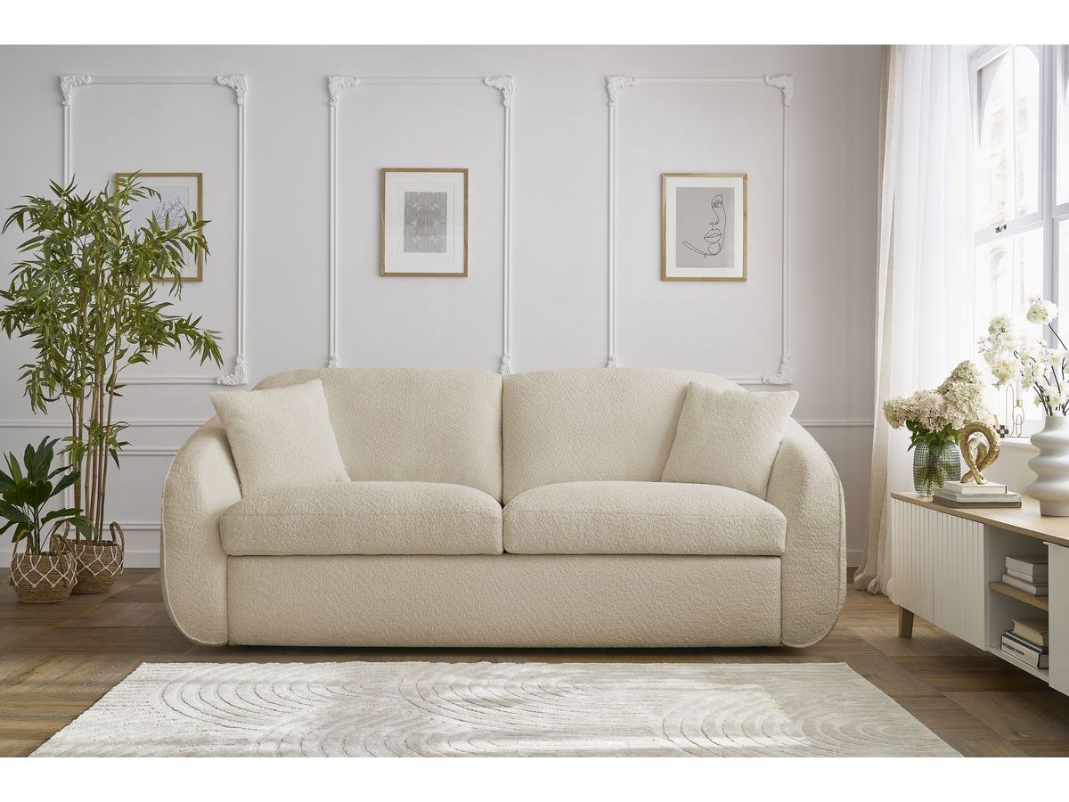 Canapé droit convertible CEZANNE ouverture express tissu bouclette