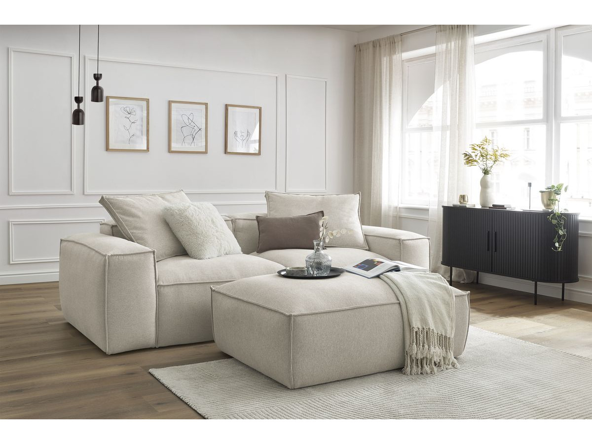 Canapé droit fixe 3 places ultra moelleux BOHEME tissu chiné avec pouf