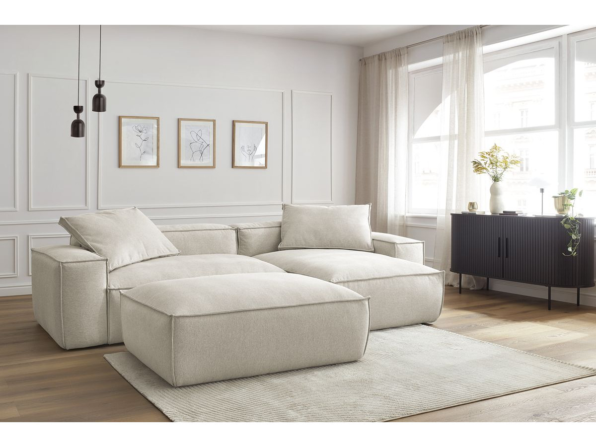 Canapé d'angle réversible ultra moelleux BOHEME chiné avec pouf beige — vue 5