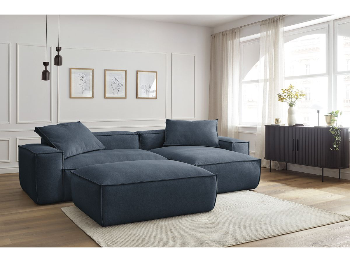 Canapé d'angle réversible ultra moelleux BOHEME chiné avec pouf bleu foncé — vue 5