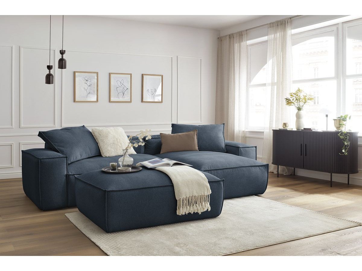 Canapé d'angle réversible ultra moelleux BOHEME tissu chiné avec pouf bleu foncé  réversible BOBOCHIC 3 places