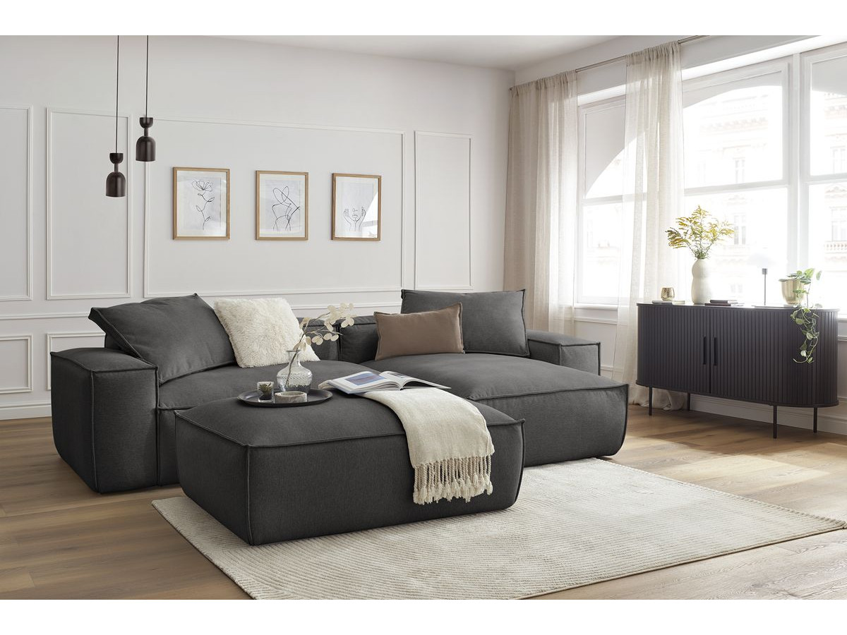 Canapé d'angle réversible ultra moelleux BOHEME tissu chiné avec pouf gris foncé  réversible BOBOCHIC 3 places