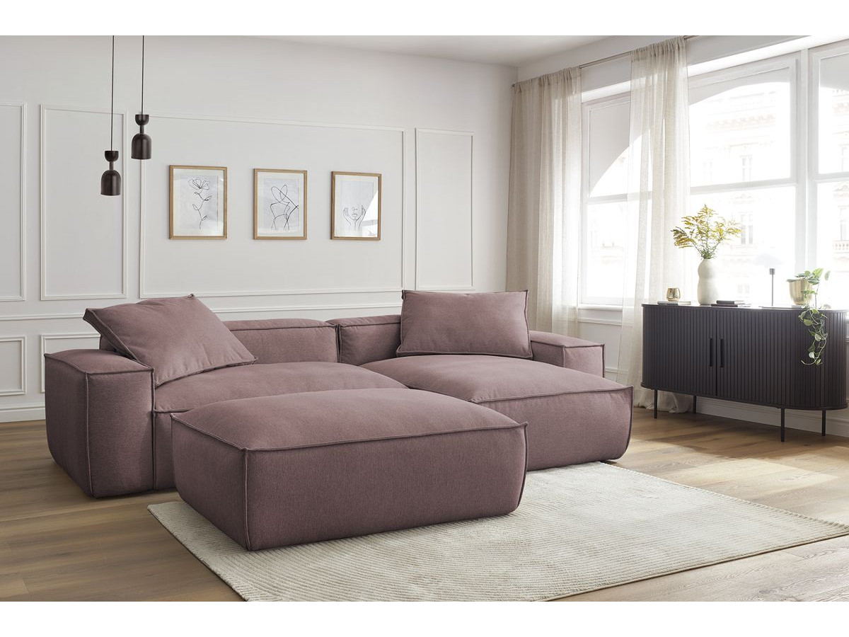 Canapé d'angle réversible ultra moelleux BOHEME chiné avec pouf rose — vue 5