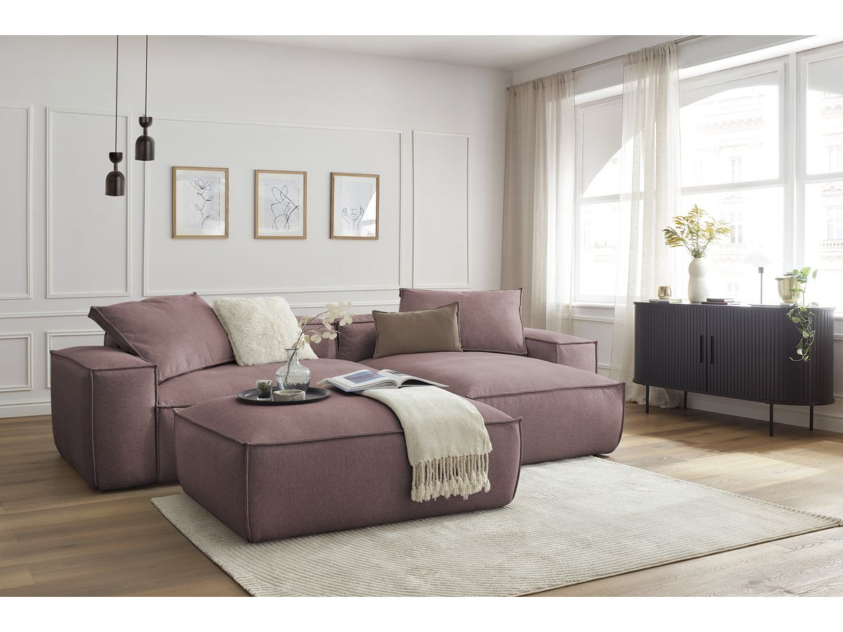 Canapé d'angle réversible ultra moelleux BOHEME tissu chiné avec pouf rose  réversible BOBOCHIC 3 places